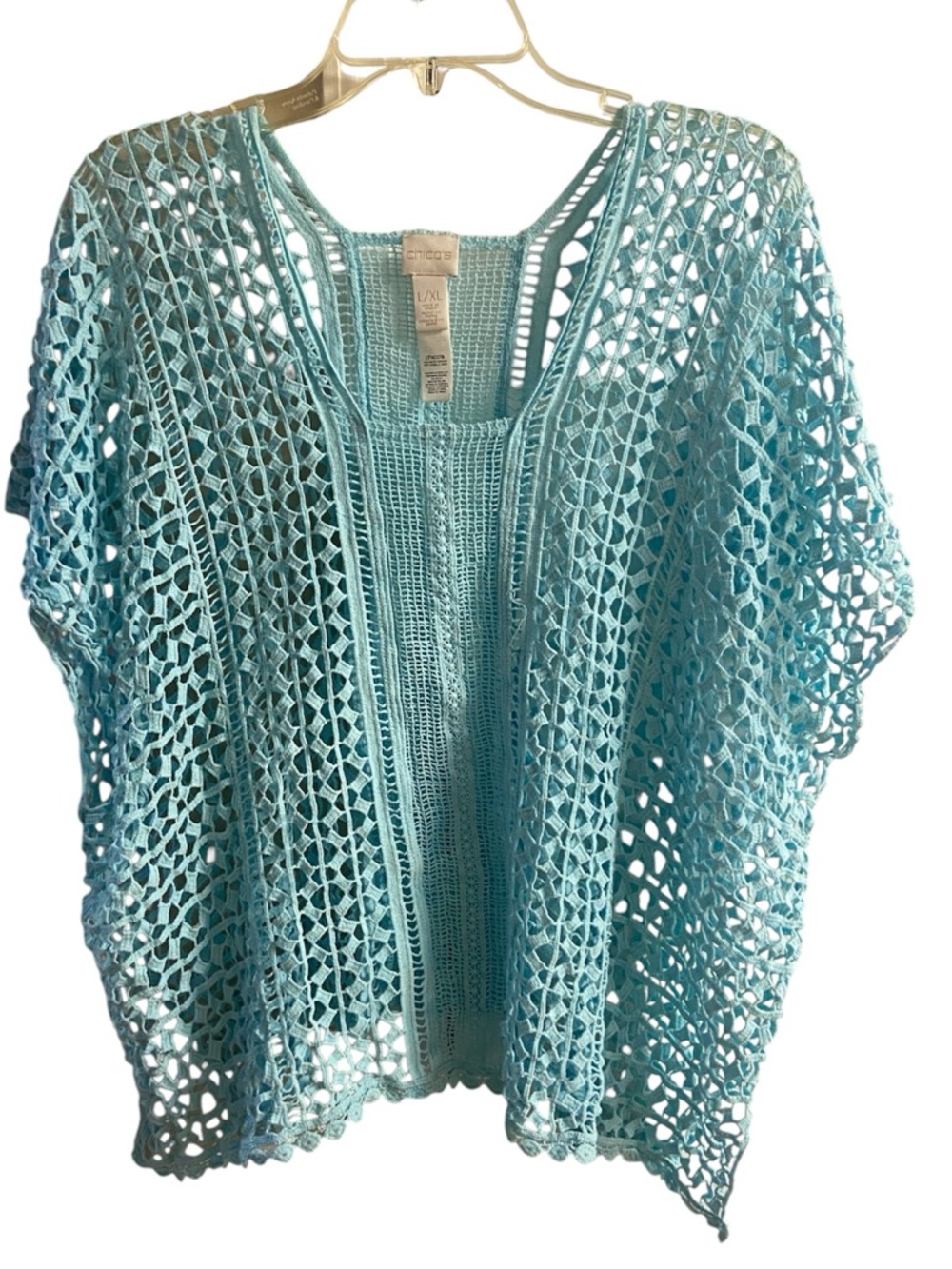 Chico's Open-Knit Crochet top in Aqua Blue XL
